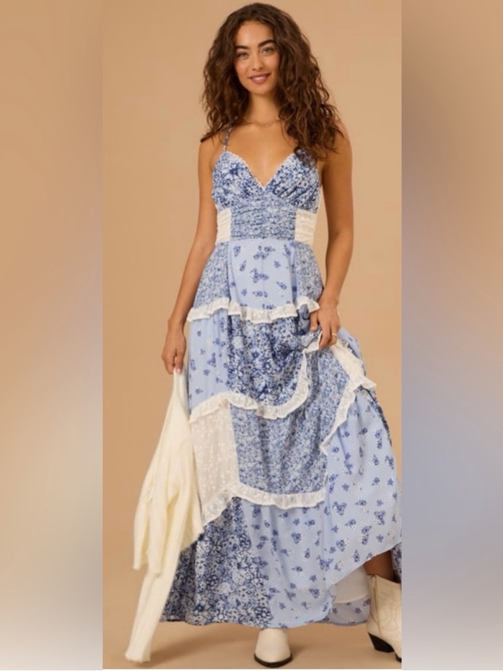 NWT Altar’d State Aderny Patchwork Maxi Dress Dusty Blue Color | Size Medium